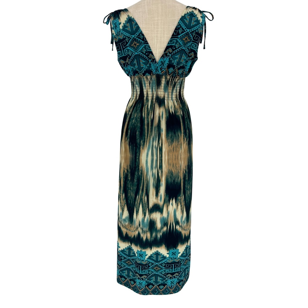 Jon & Anna Maxi Dress Womens Large Teal Blue Ikat Smocked Waist Boho Summer - Picture 4 of 6